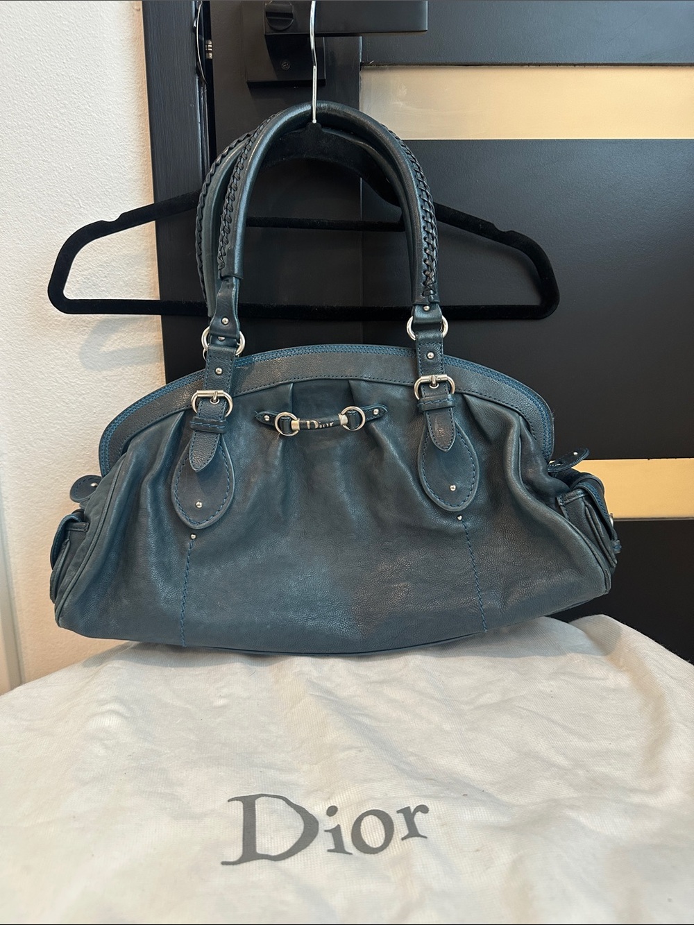 Dior Teal Leather Braided-Handle Shoulder Bag